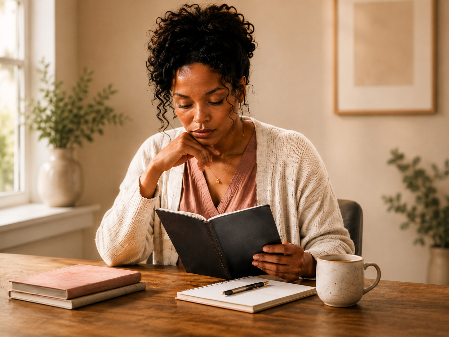 A thoughtful woman seated at a table, pausing over an envelope or document before responding.