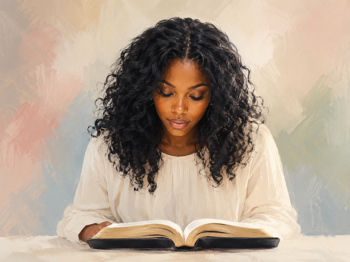 A woman quietly studying an open Bible.