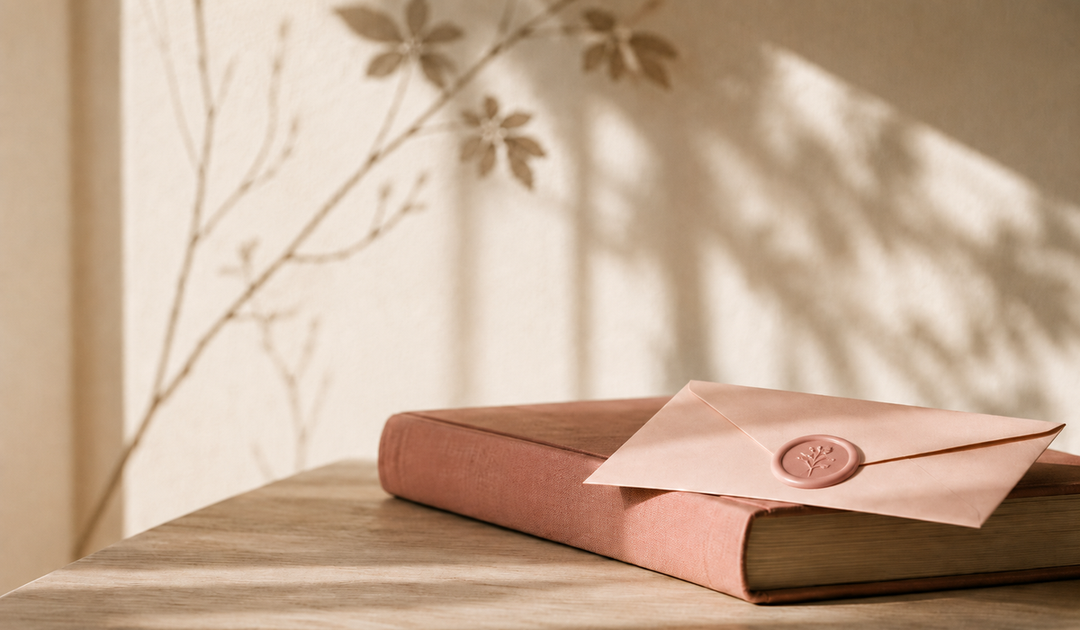 A closed Bible with a sealed blush envelope resting on top in soft natural light.