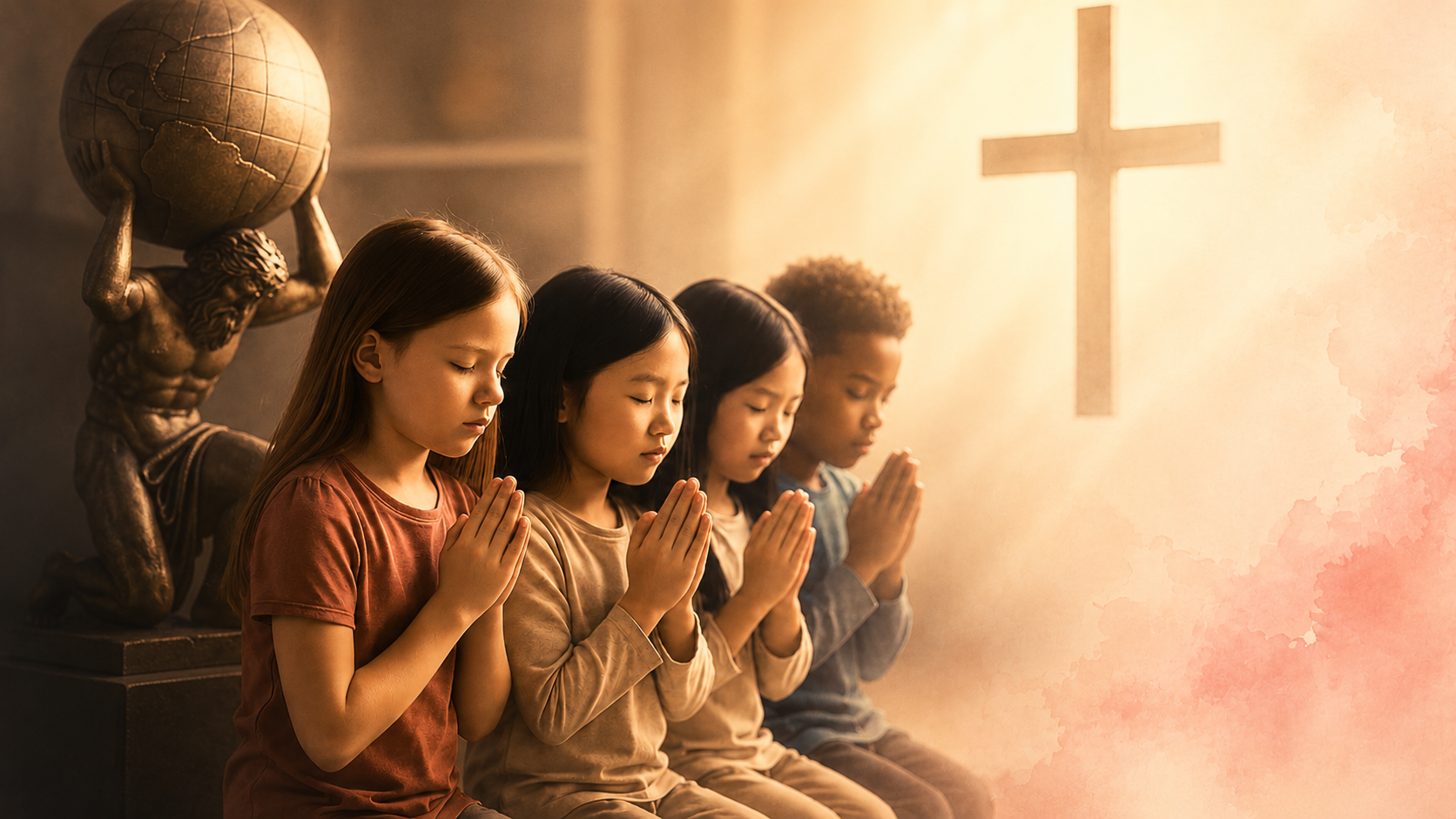 Children praying between a statue holding a globe and a cross, representing the question of divided devotion.