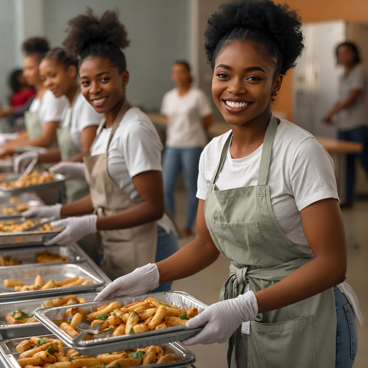 Women serving food in a community kitchen while preparing trays for guests