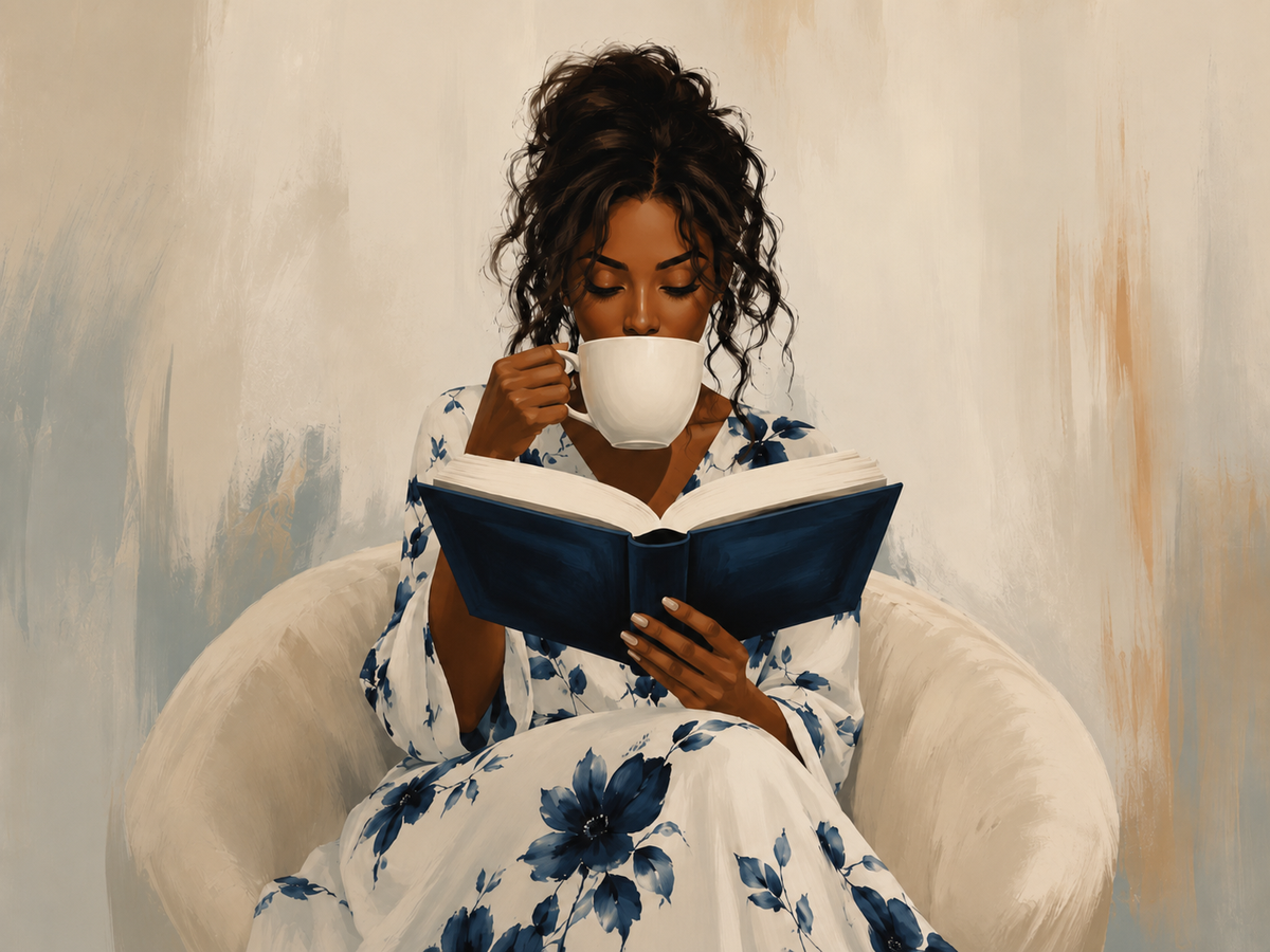 Black woman reading an open Bible while holding a cup of coffee.